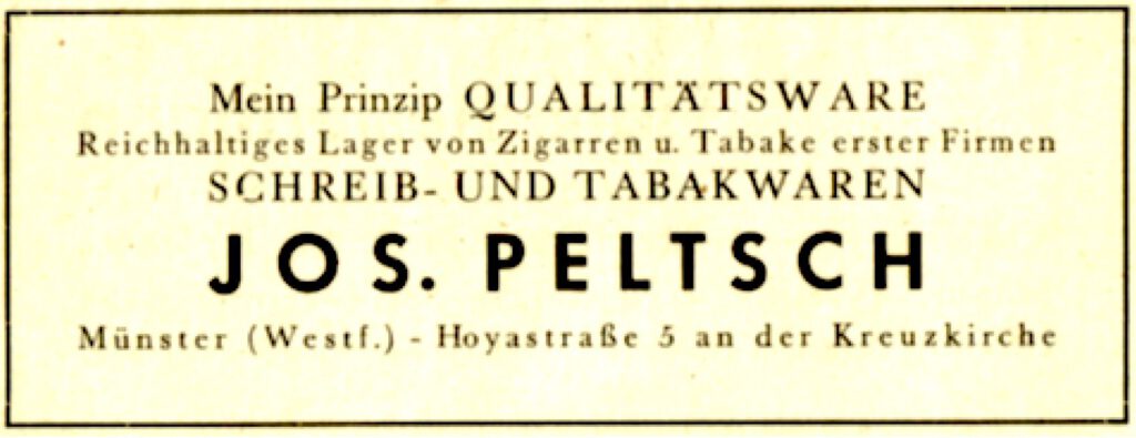 Werbeanzeige von Schreib- und Tabakwaren Peltsch ind der Hoyastr.5 Im Kreuzviertel Münster